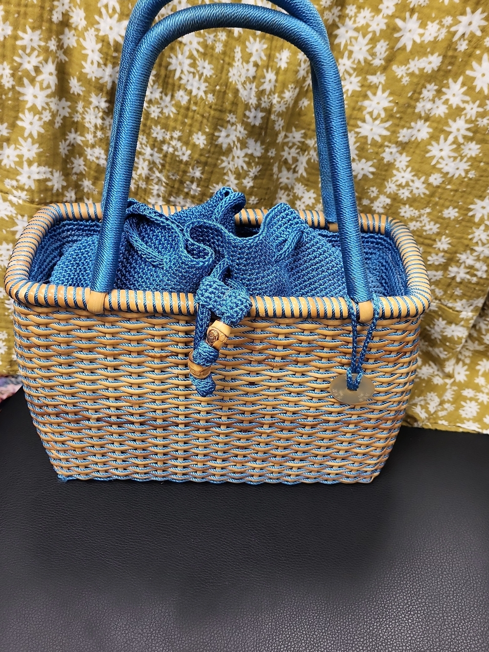 Vintage The Sak Blue & Tan Rattan Basket Drawstring Tote